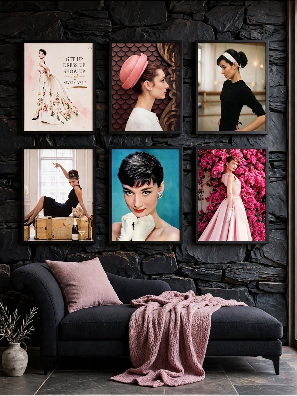 Set 6 Audrey Hepburn Classic Fashion Portrait Art Prints Set in Pink and Black